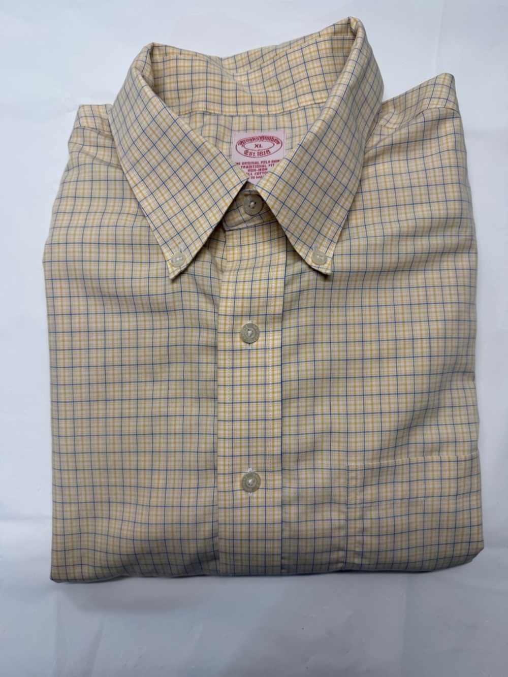Brooks‎ Brothers Yellow Plaid Button-Down Dress Shirt with Blue Windowpane
